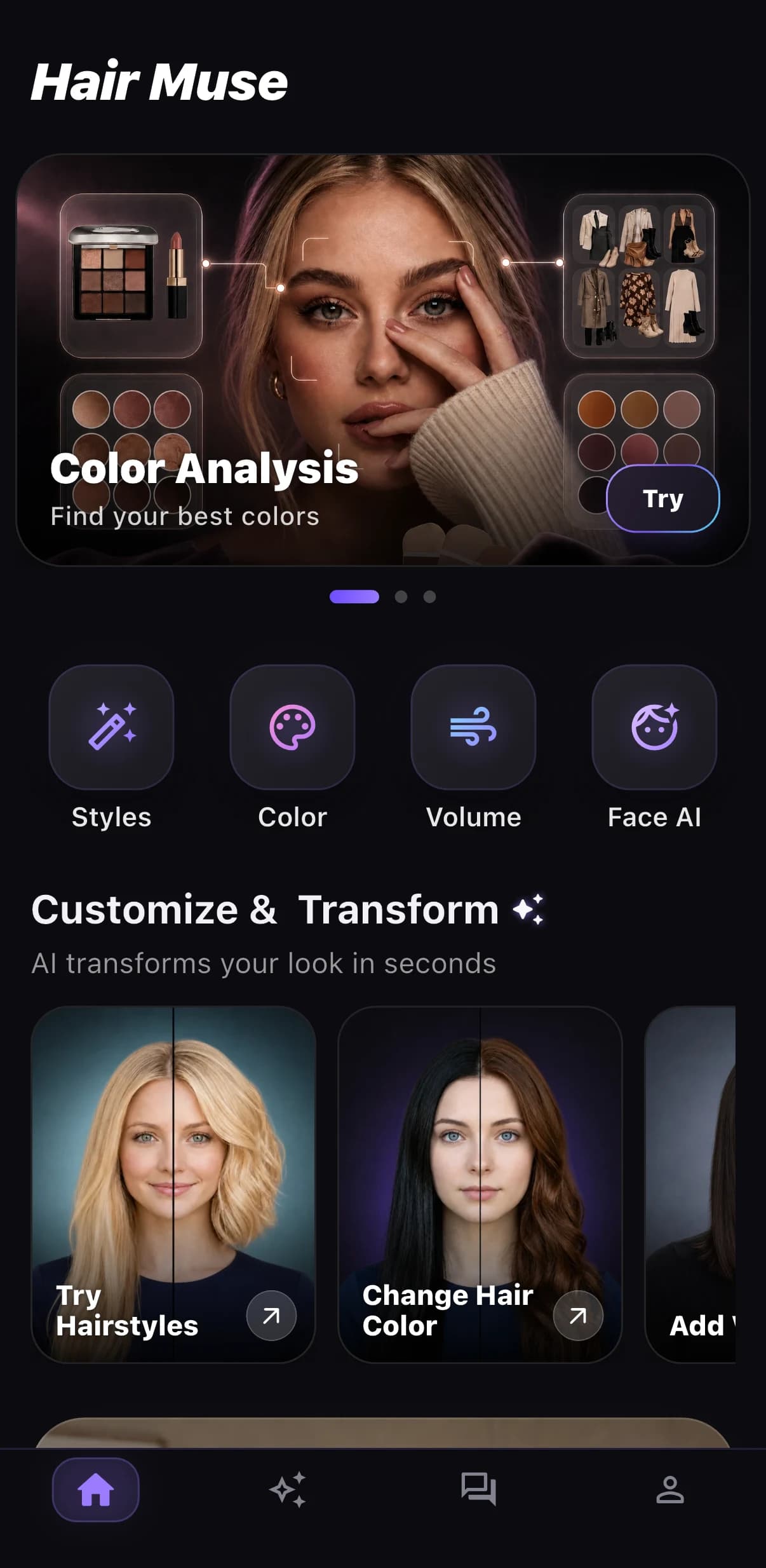 Hair Muse home screen with hairstyle and color tools