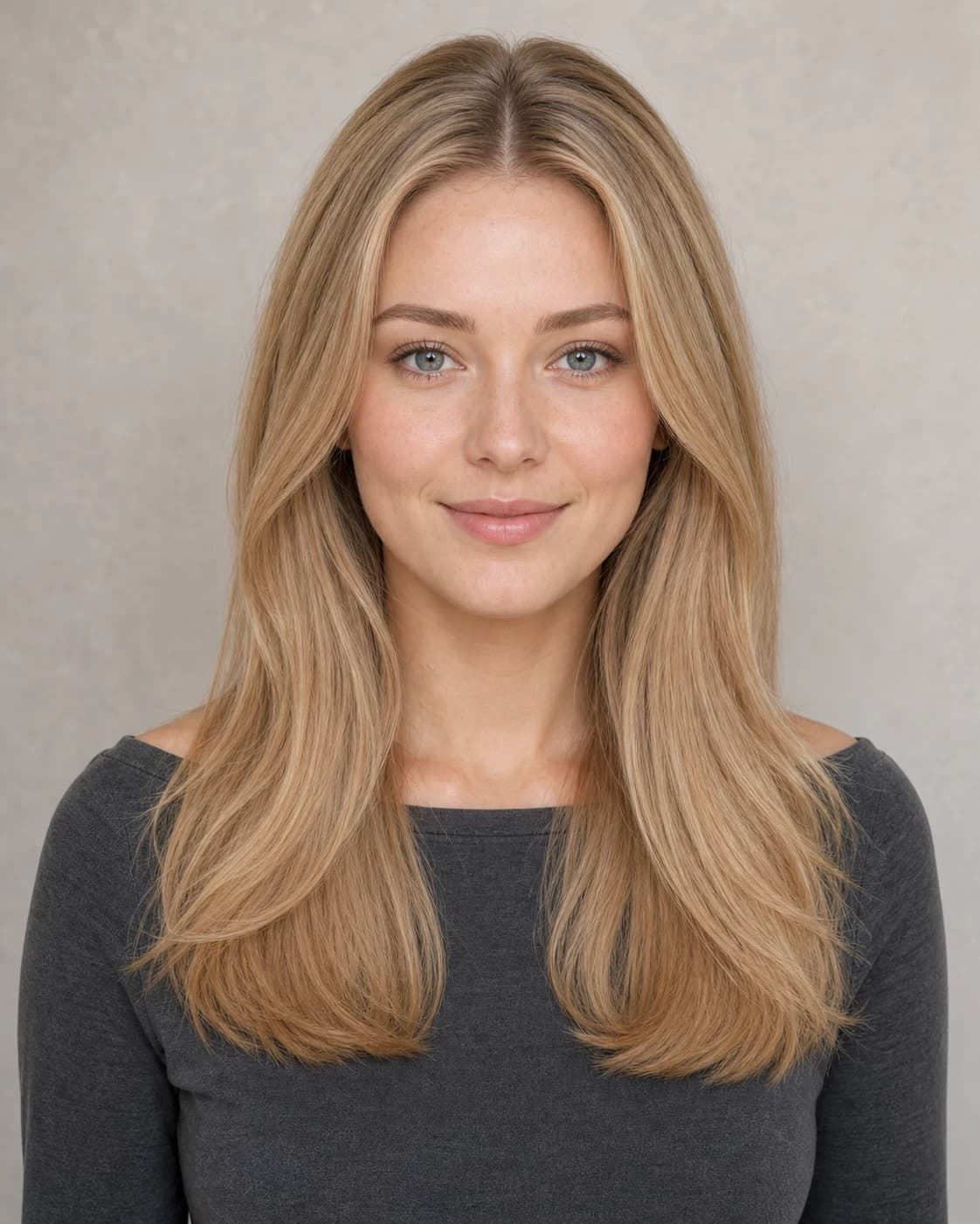 Woman with long honey-blonde layered hair before the color preview