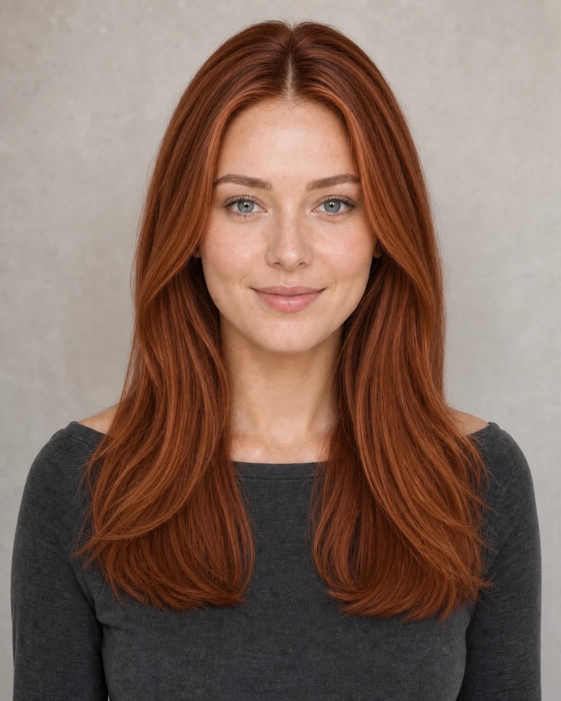 The same woman with the identical hairstyle changed to a rich, uniform copper-red