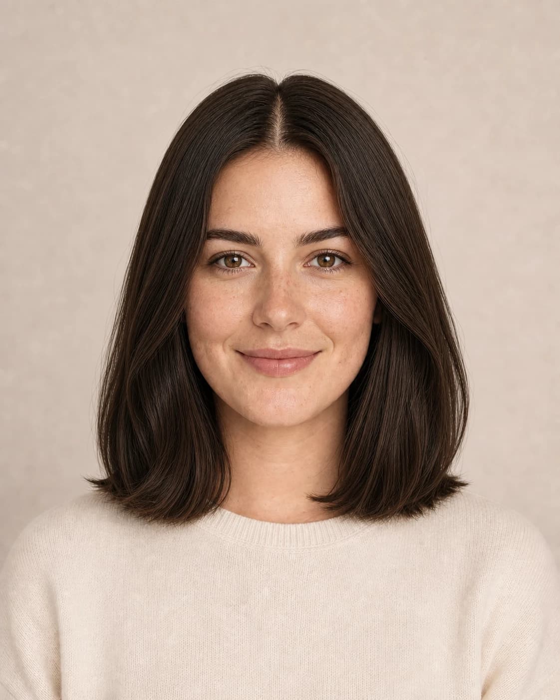 Woman with smooth straight medium-brown hair before the styling preview