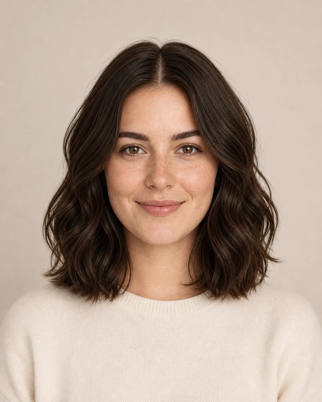 The same woman with long soft salon waves after the styling preview