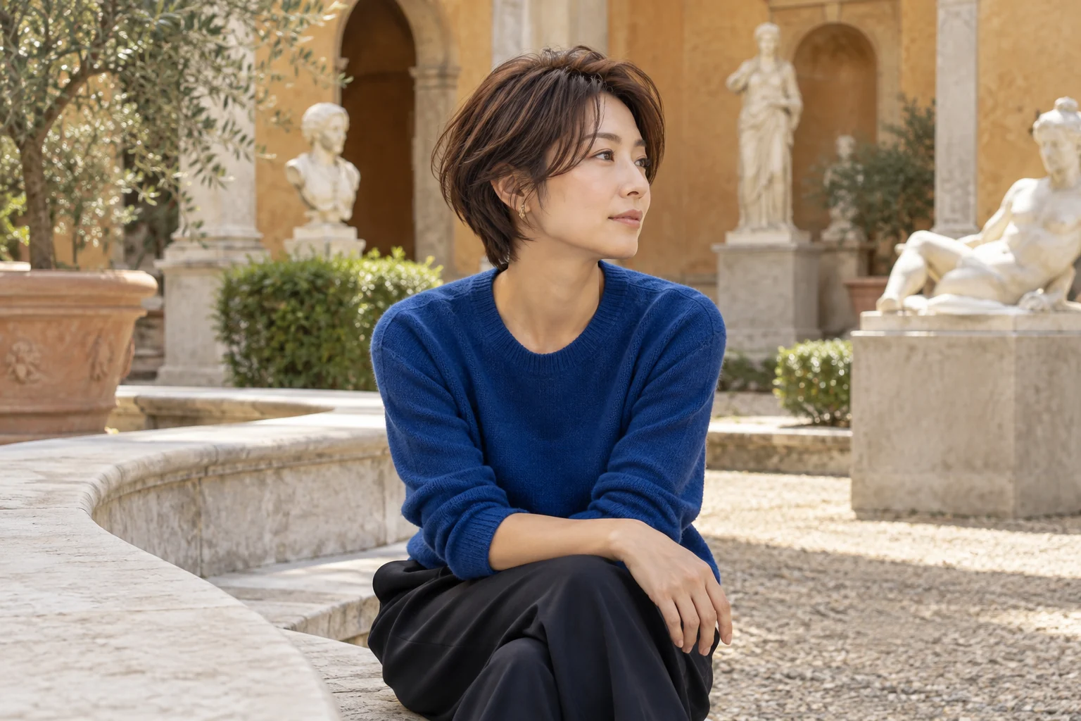 Adult woman with a softly layered chestnut bixie sits on a stone bench in an ochre sculpture courtyard