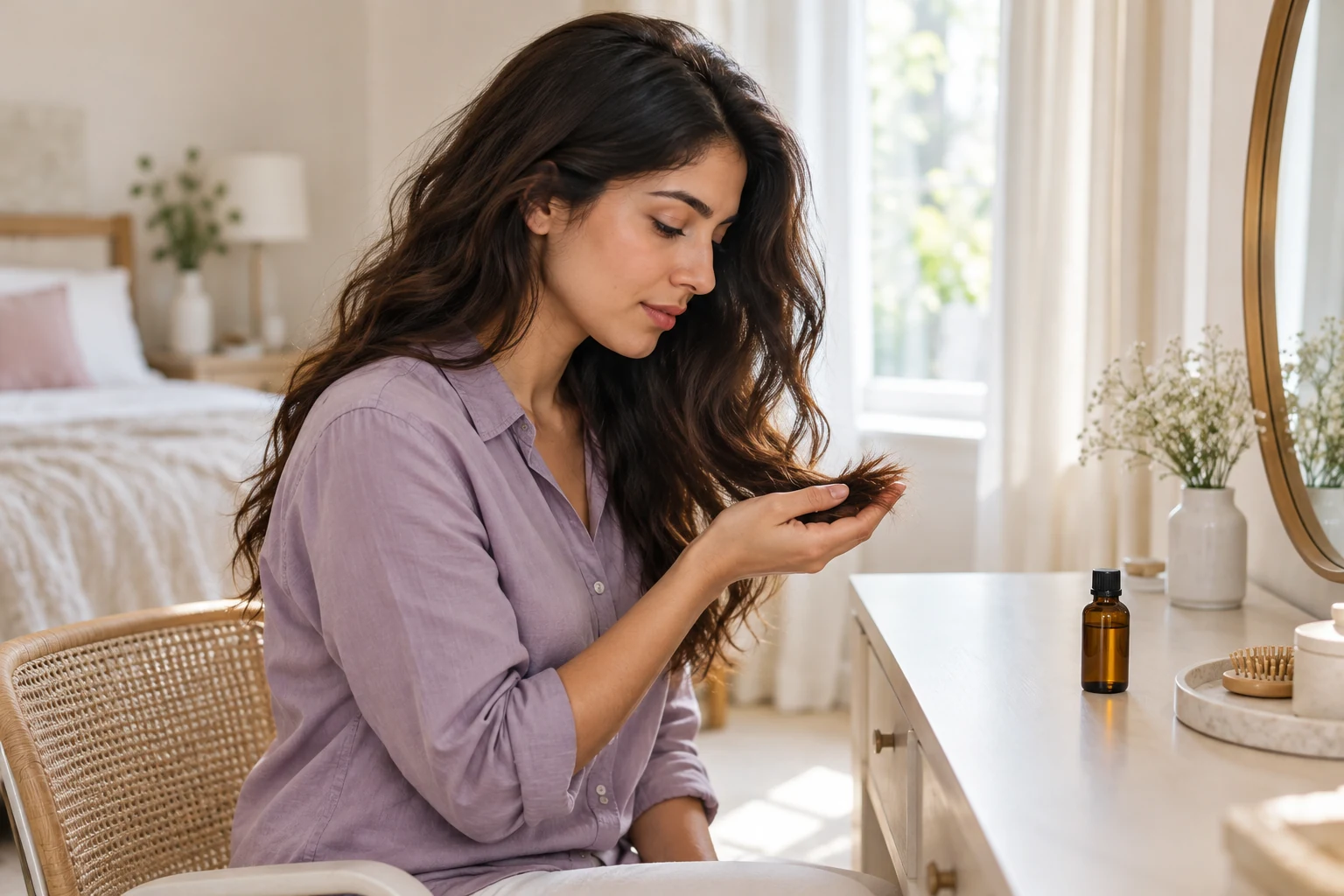 Young woman in a lavender shirt checks the ends of her long waves beside a closed amber bottle at a bedroom dressing table