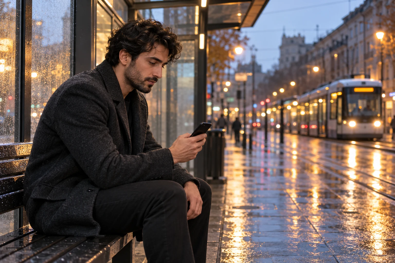 Man with dark wavy hair and a short beard considering a phone at a covered tram stop in rainy evening light