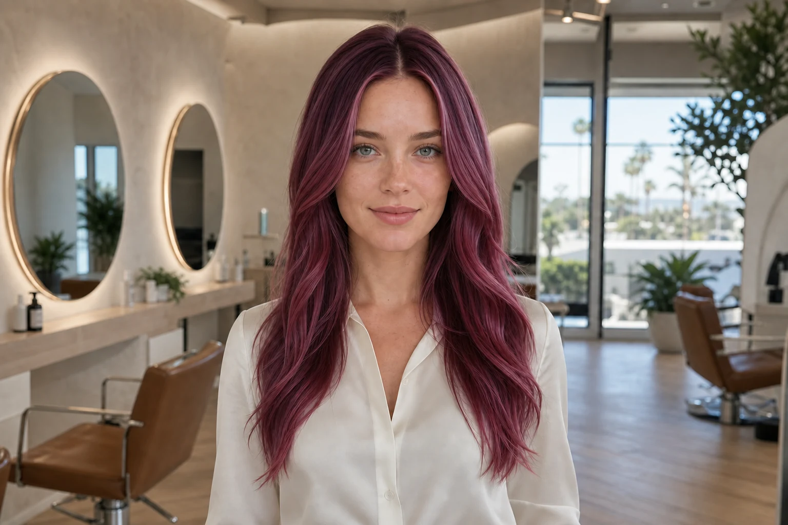 The same woman with purple-red hair after the full-color preview