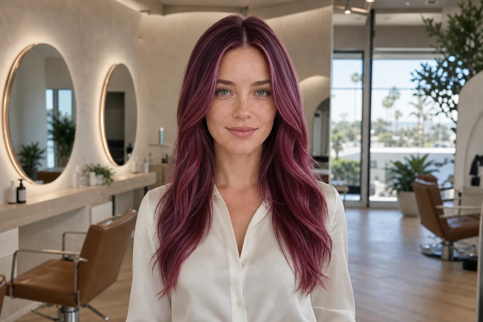 The same woman with purple-red hair after the full-color preview