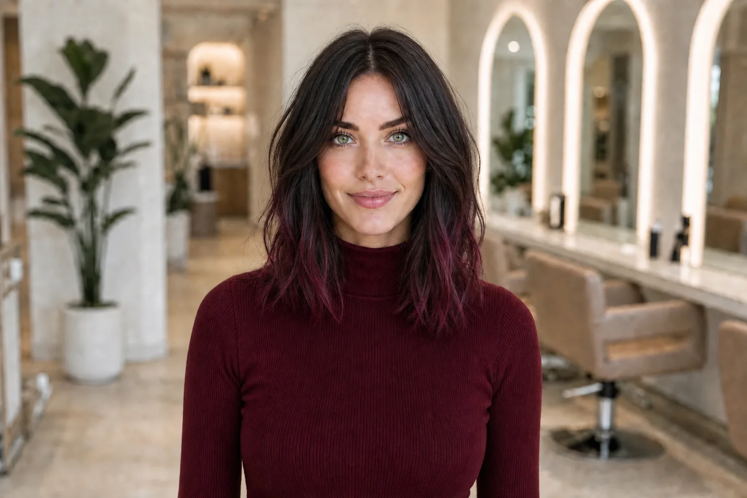 The same woman with a shorter shag and berry-colored tips after the preview