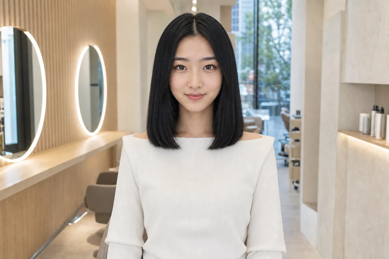 The same young woman with a jet-black clavicut after the haircut preview