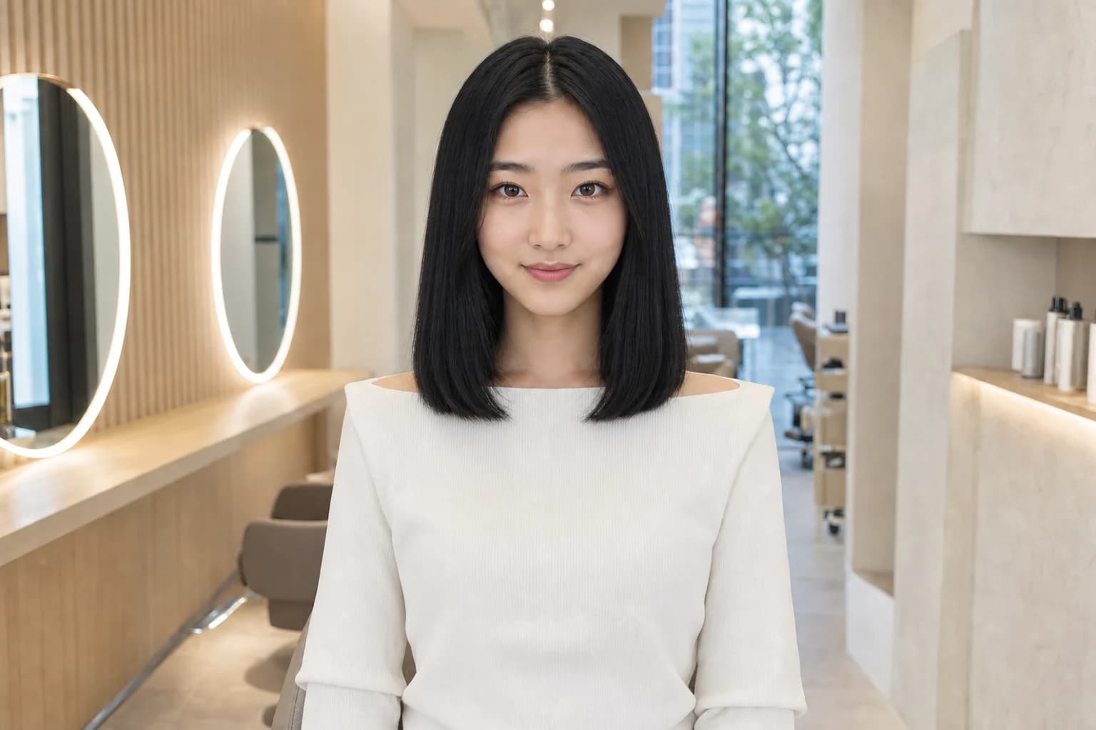 The same young woman with a jet-black clavicut after the haircut preview