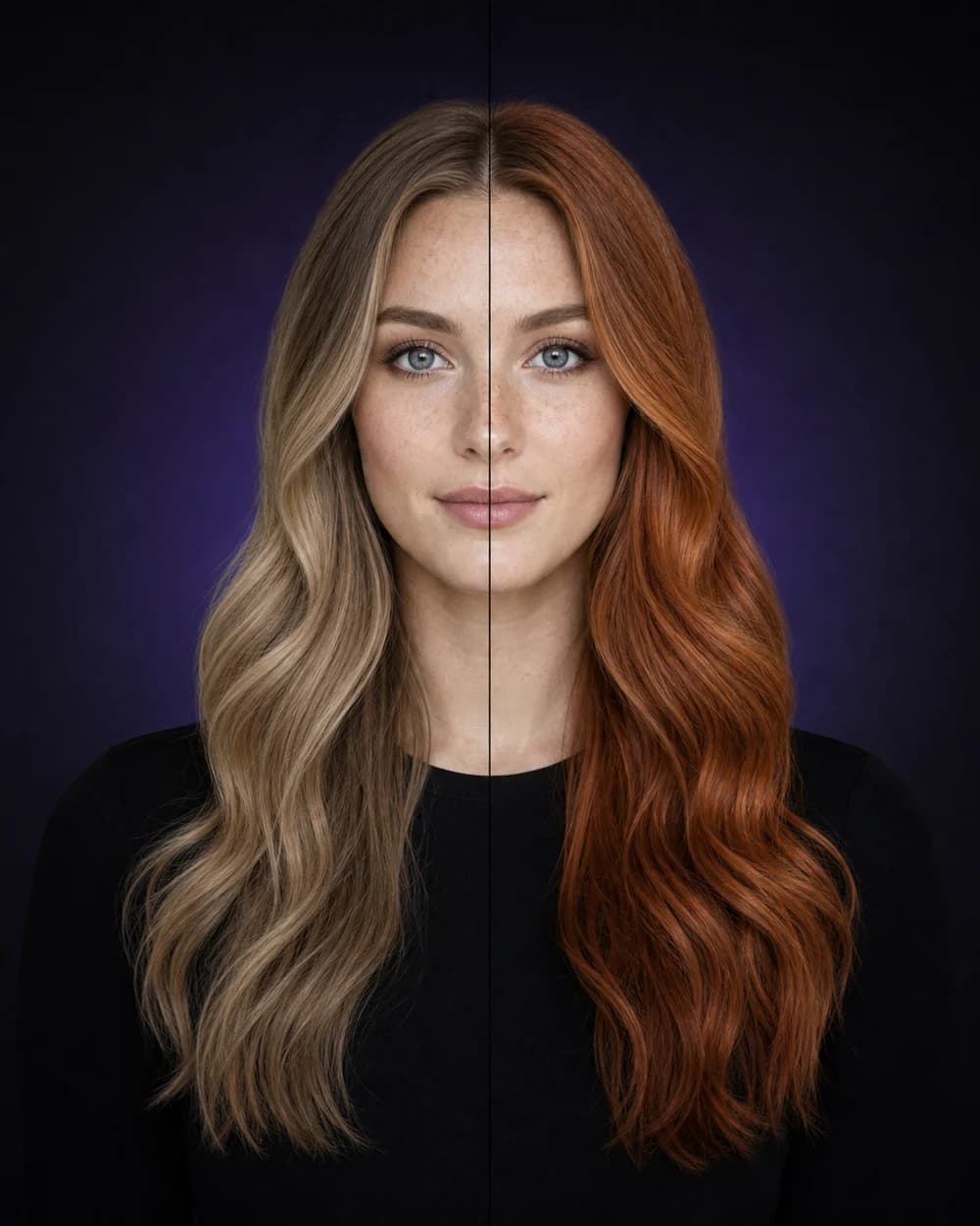 Split hair color preview on a white woman, comparing dark blonde with copper-auburn