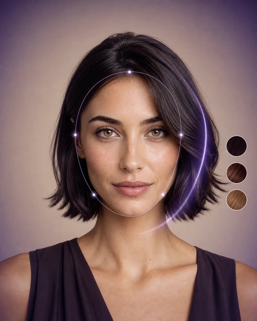 White woman with refined face-shape analysis lines and hair color swatches