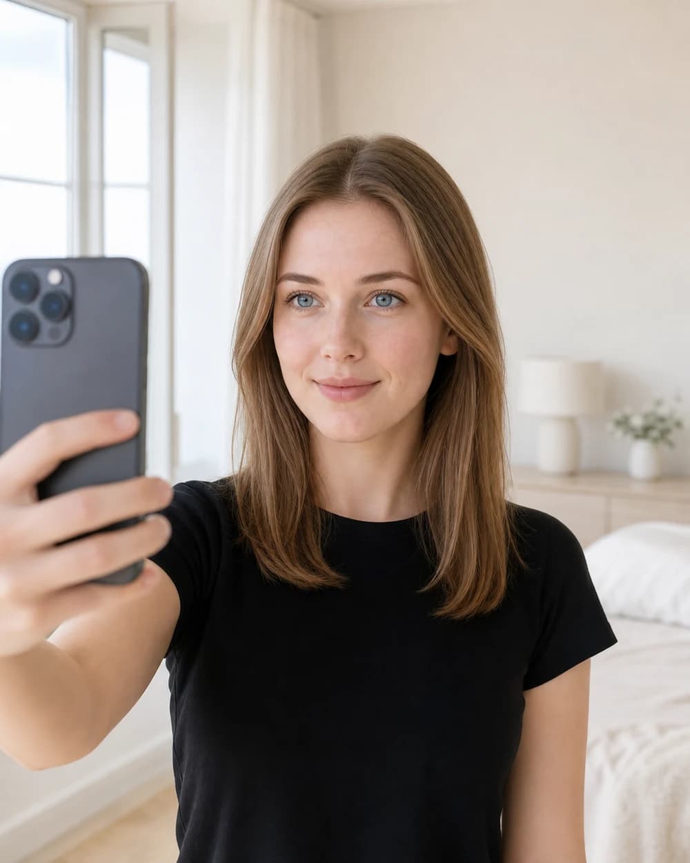 Woman taking a clear, evenly lit front-facing selfie near a window