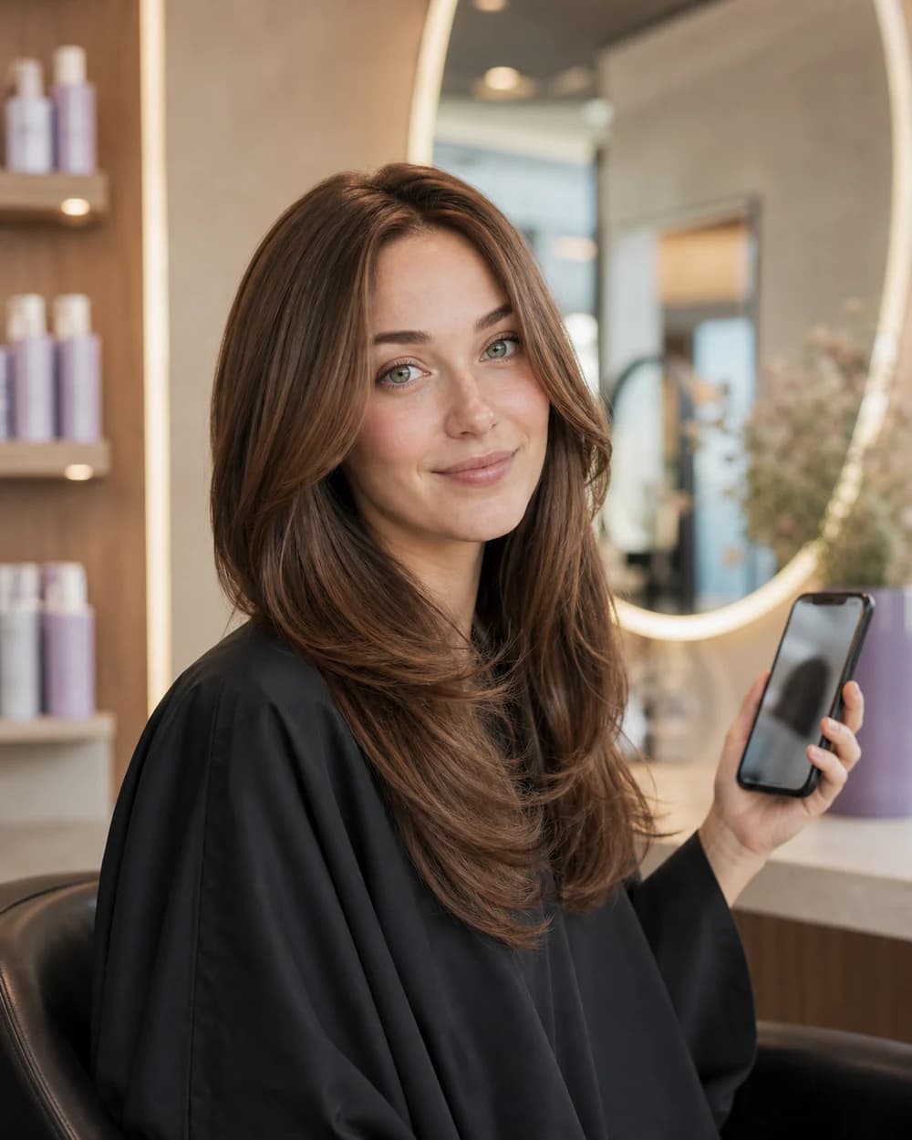 Woman showing a hairstyle reference on her phone during a salon visit