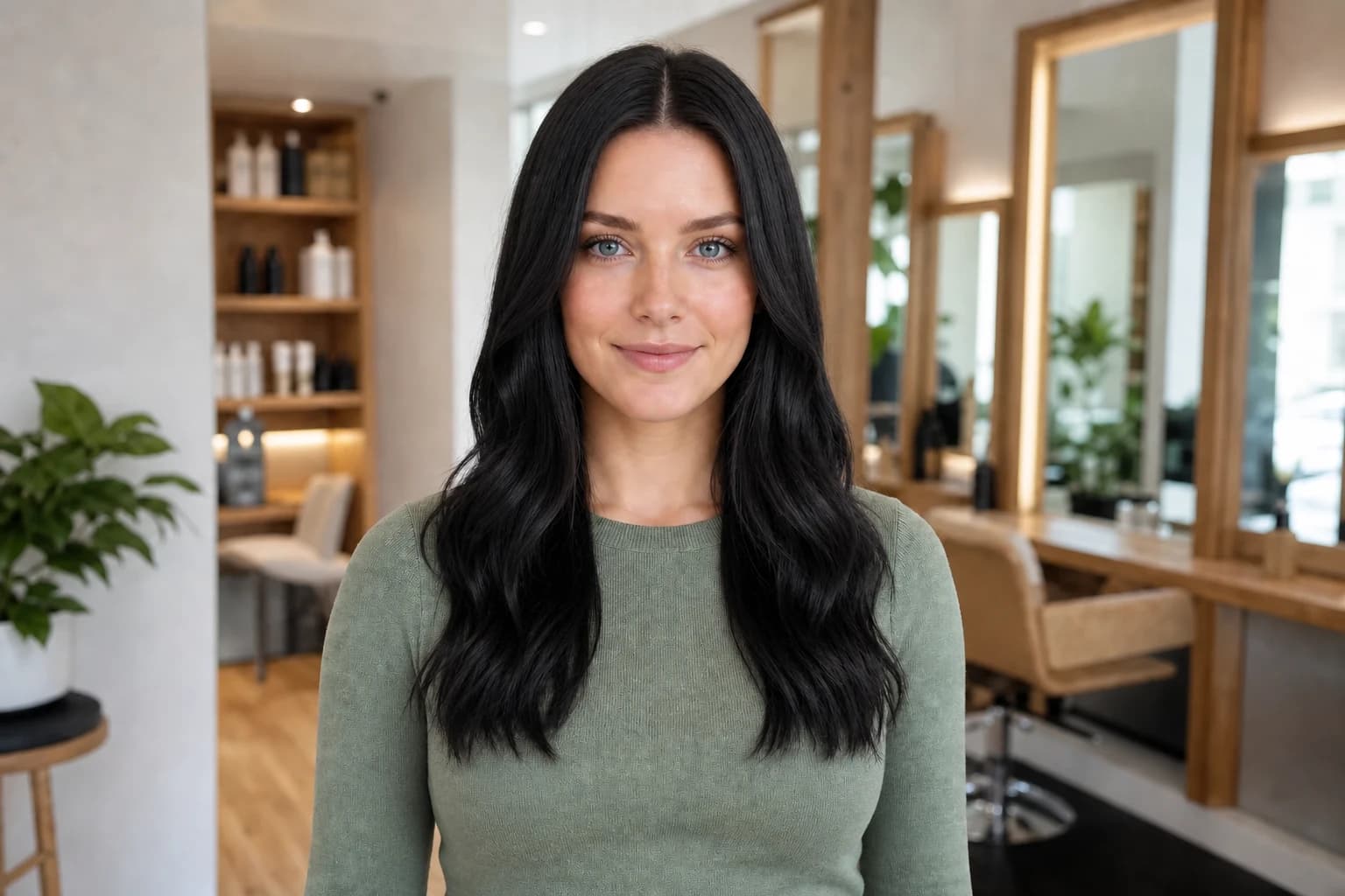 The same woman with slightly shorter, layered black hair styled in polished loose waves