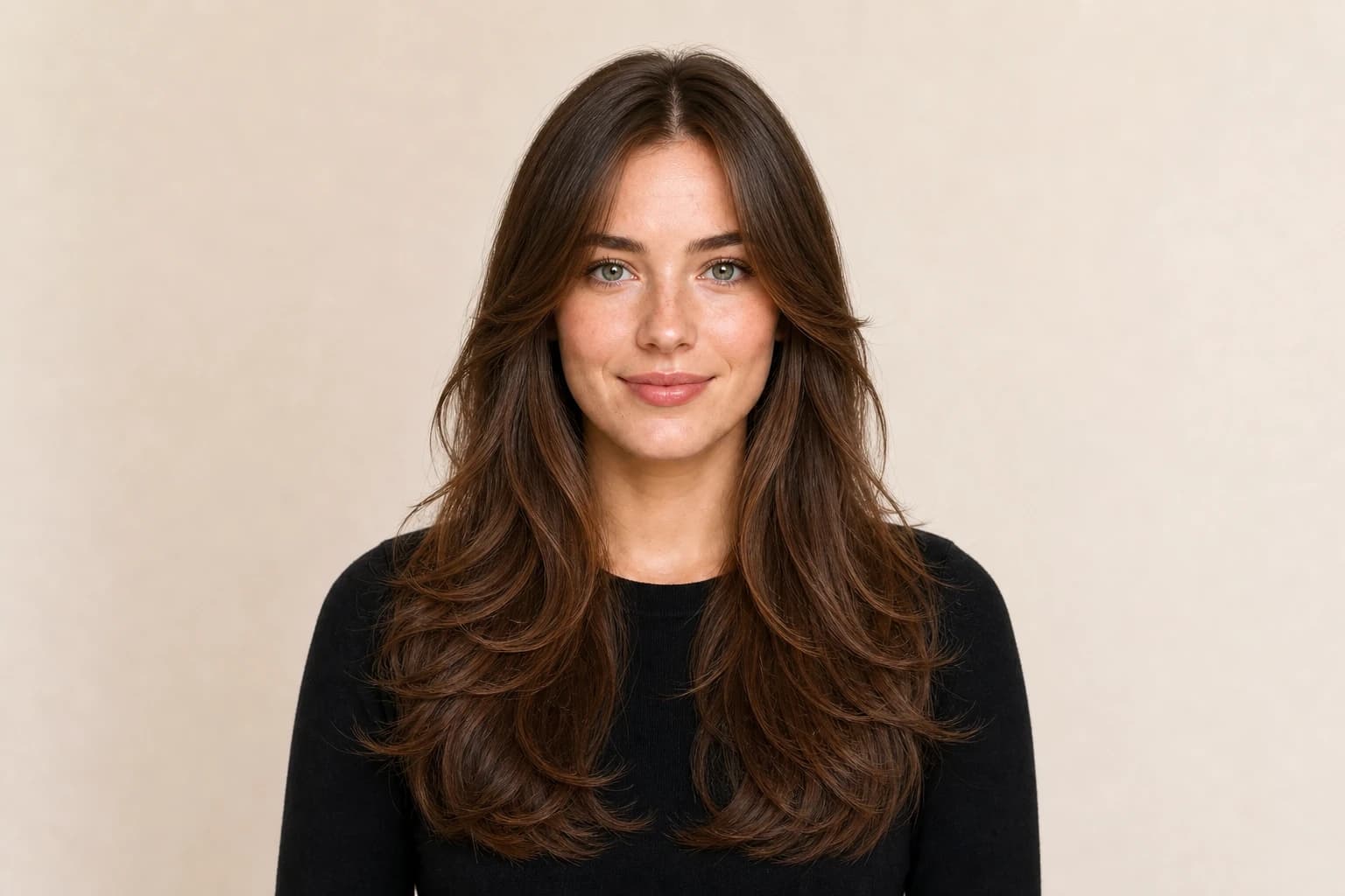 Woman with polished face-framing butterfly layers and visible movement