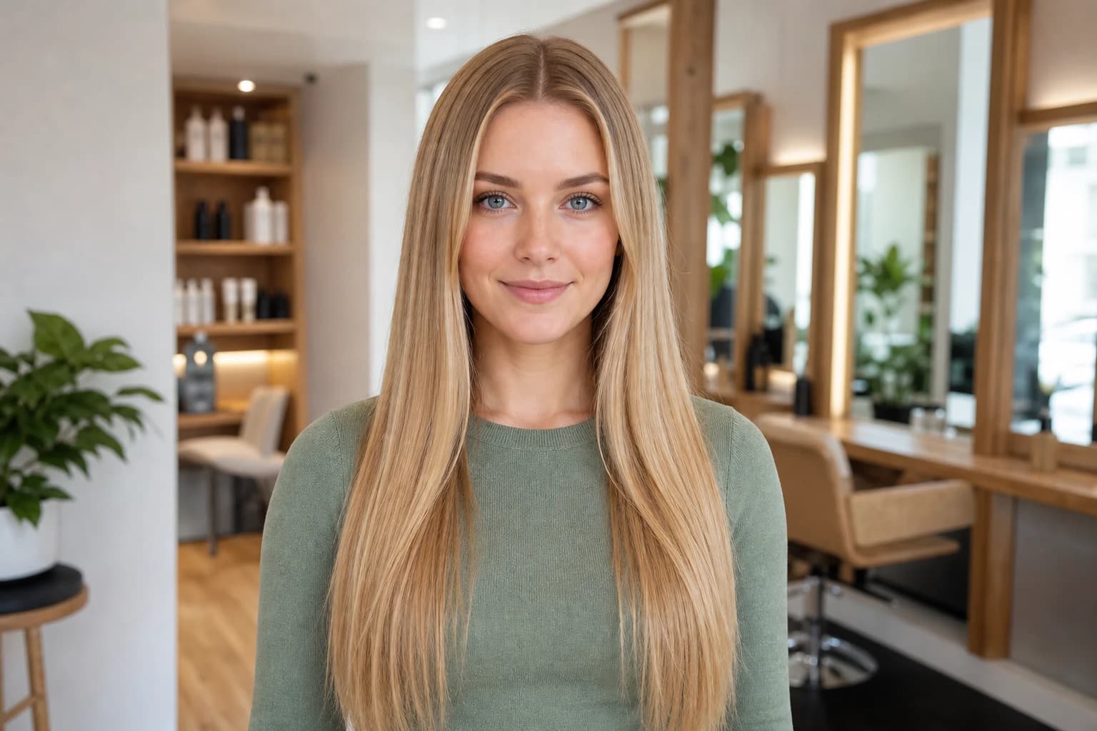 Young woman with very long, straight honey-blonde hair before the haircut preview